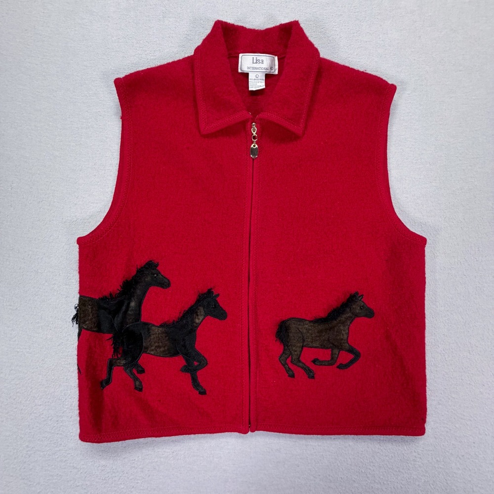 Lisa International Boiled Wool Vest Womens L Red Vintage‎ Horse Zip Up